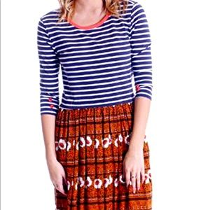 Matilda Jane Winsome Dress S Small Mixed Print Orange Floral Striped 3/4 Sleeve